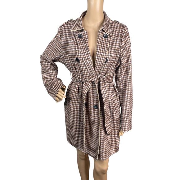 Anthropologie Solitaire Faux Suede Houndstooth Belted Trench Coat SZ L - Picture 1 of 8